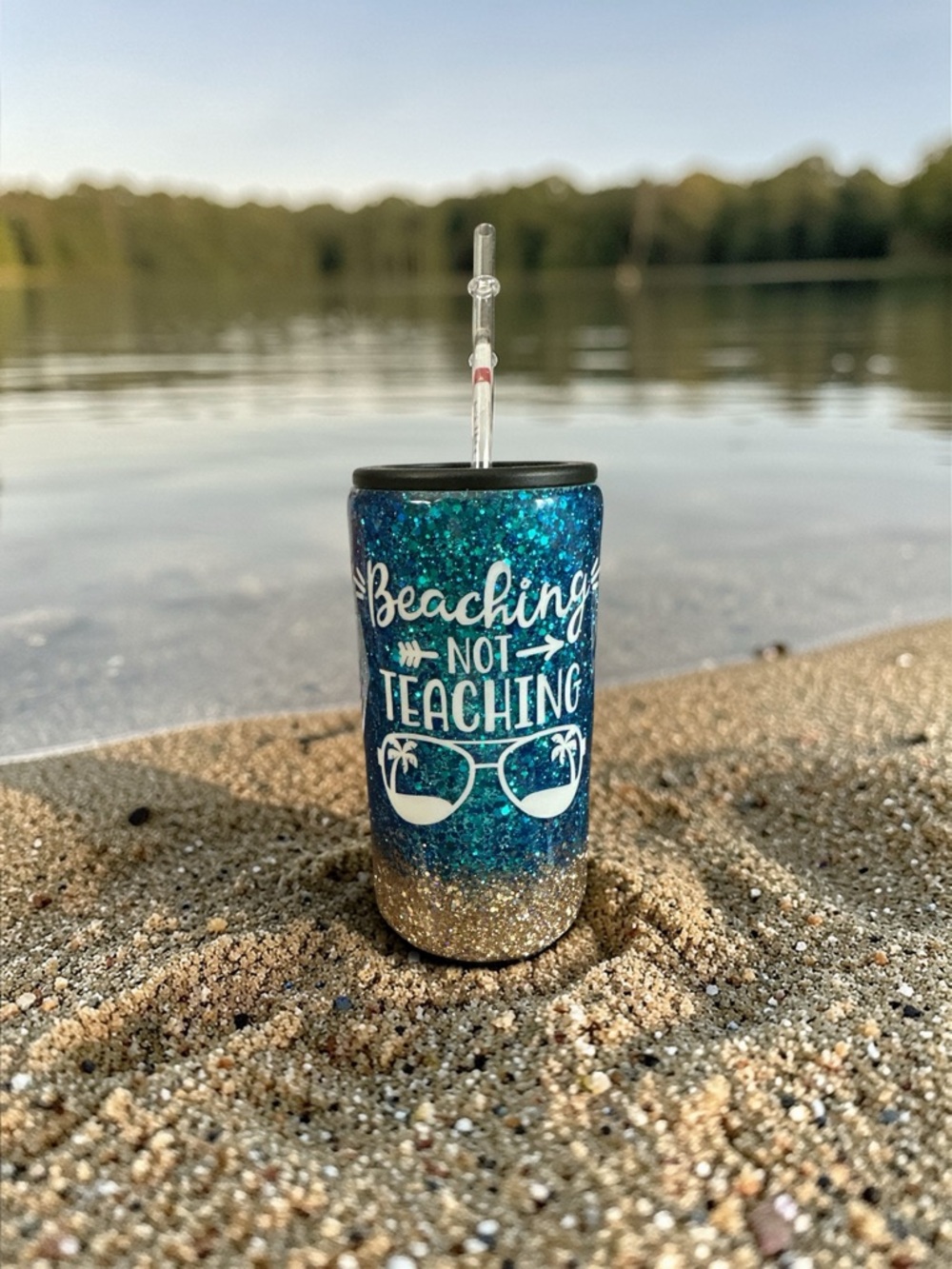 Teal and Gold Glitter Tumbler/Can Cooler "Beaching Not Teaching" 16 oz